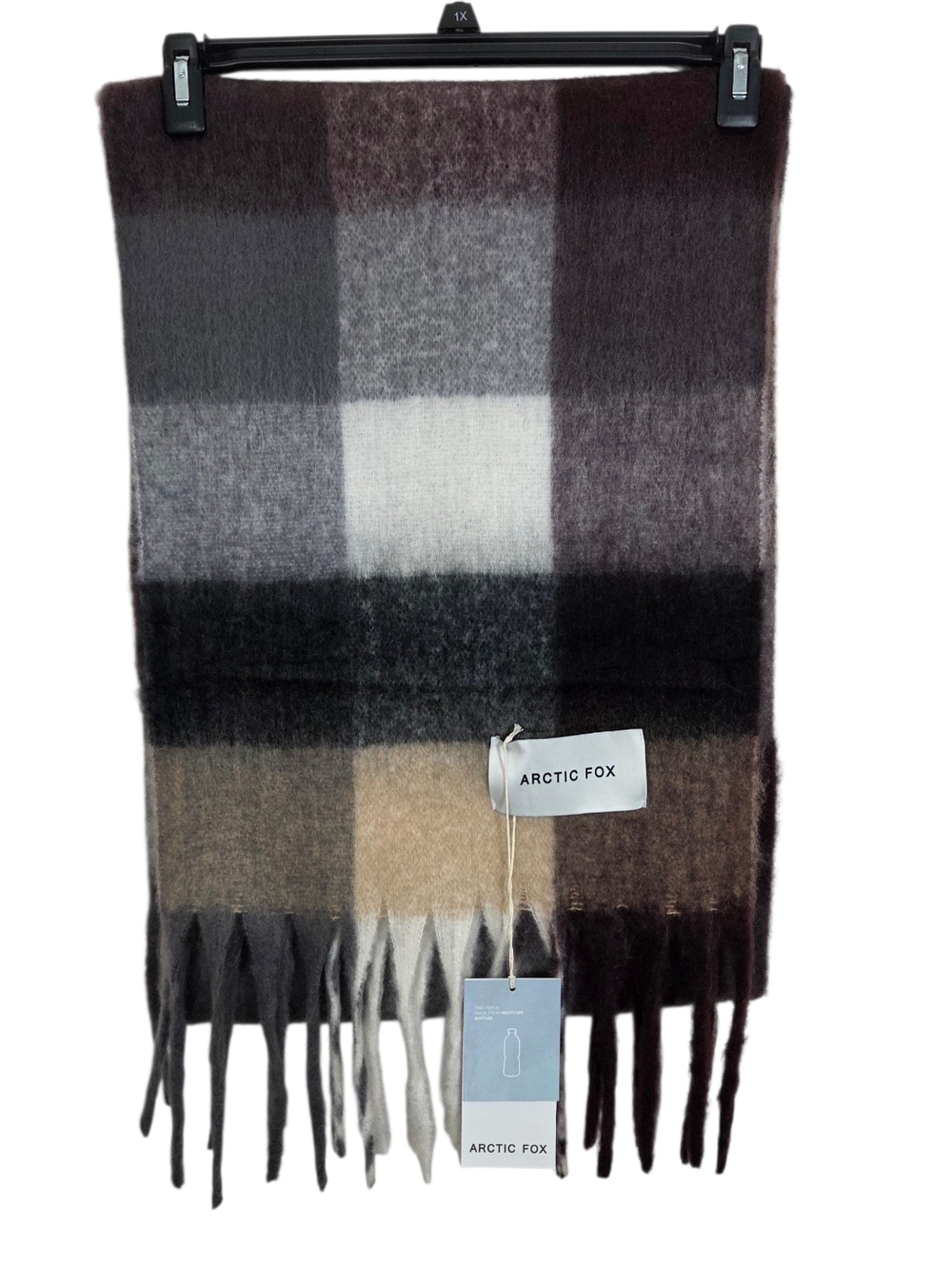NWT Arctic Fox The Reykjavik Scarf Grey Black Check Plaid Fringe Sustainable